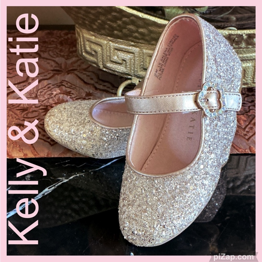 Girls Kelly & Katie Sparkly Gold Glitter Mary Jane Shoes w/VELCRO Closure - Sz 9
